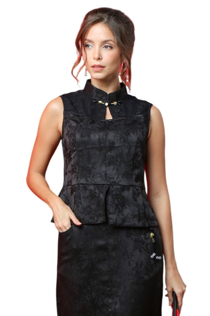 Mandarin Jacquard Peplum Top