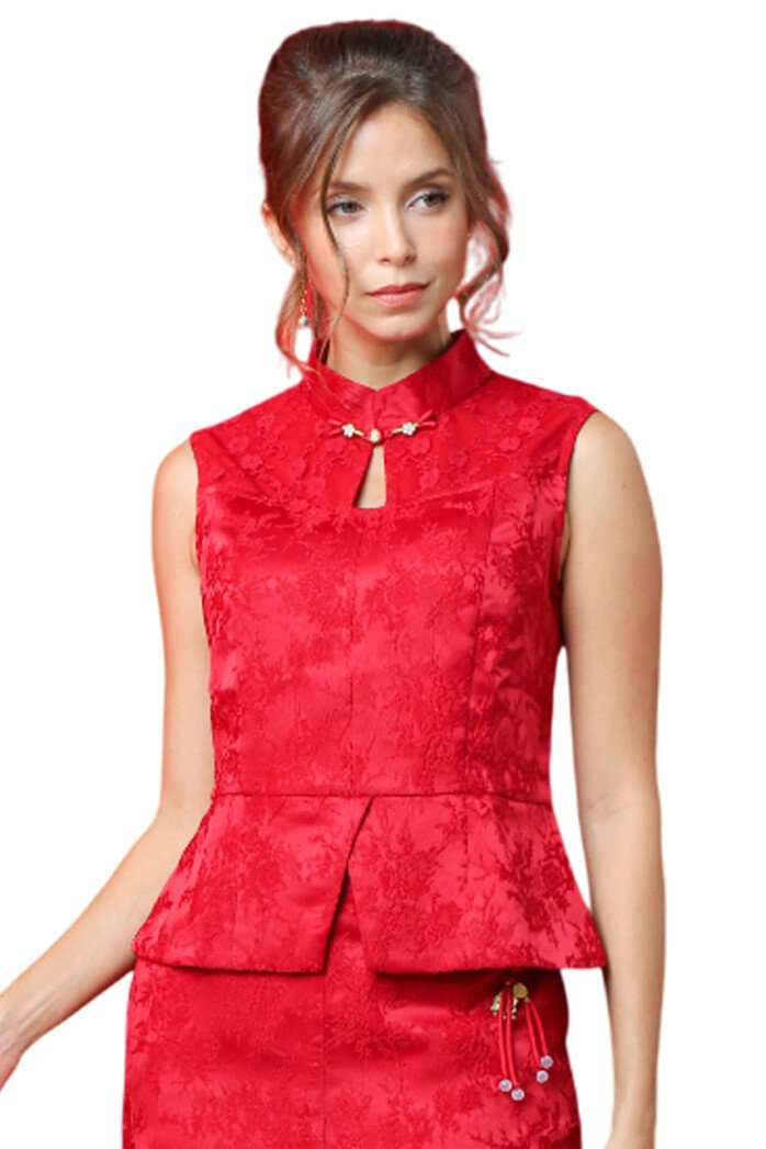 Mandarin Jacquard Peplum Top - Image 5